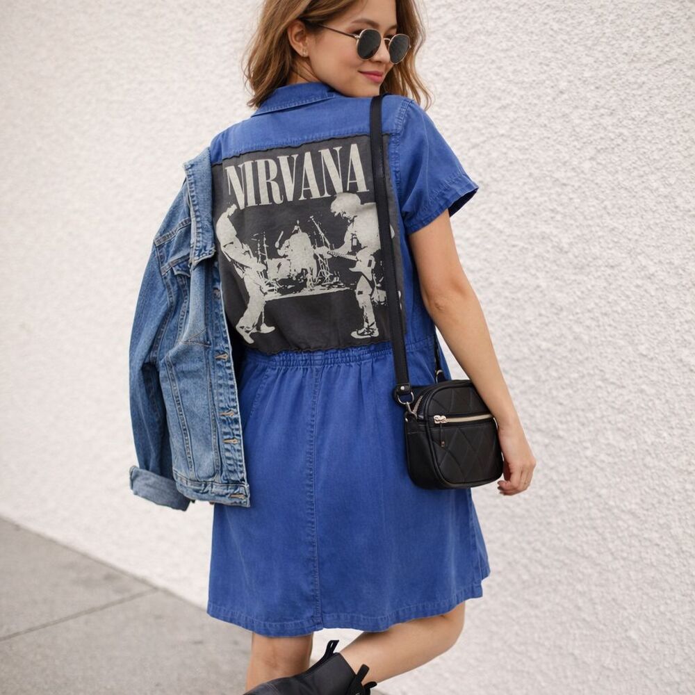 Upcycled J Crew Blue Shirt Mini Dress Nirvana Band Patch Grunge Indie Size 4